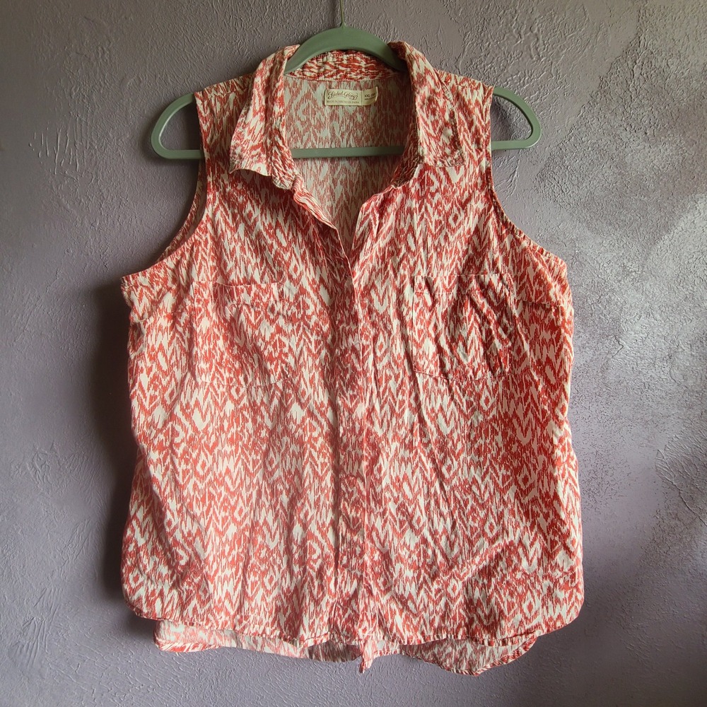 Faded Glory Sleeveless Button Down Women XXL 20 Orange Ikat Cotton FGL25404PR